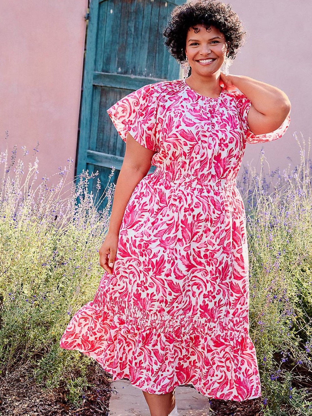 NWT Lane Bryant Flutter Sleeve Pink & White Midi Dress